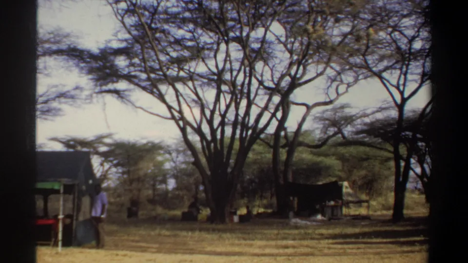 Wide 1969 Sudan frame showing the camp at the edge of a grove, with a man near the tent and open dry ground.