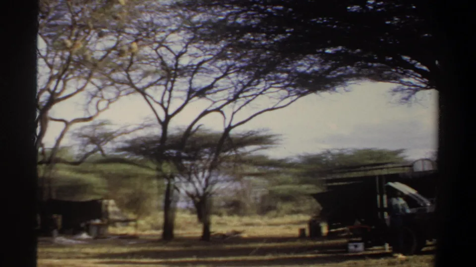 1969 Khartoum-area camp scene with acacia-like trees, a dark shelter, and a vehicle partly visible in soft 8mm footage.