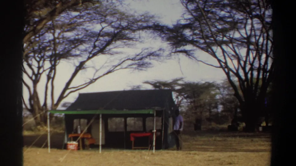 1969 Sudan camp view with an adult figure standing near a dark tent structure, camp furniture, ropes, and large trees.