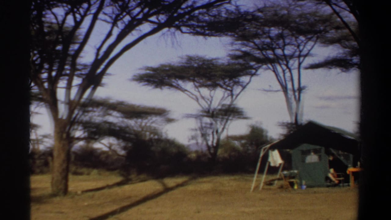1969 Sudan frame with a green camp tent at the edge of a dry clearing, surrounded by acacia-like trees and faint seated figures.