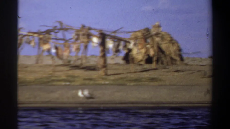 1969 Khartoum 8mm frame showing a closer riverside view of the thatched hut, drying rack, and birds near rippled water.