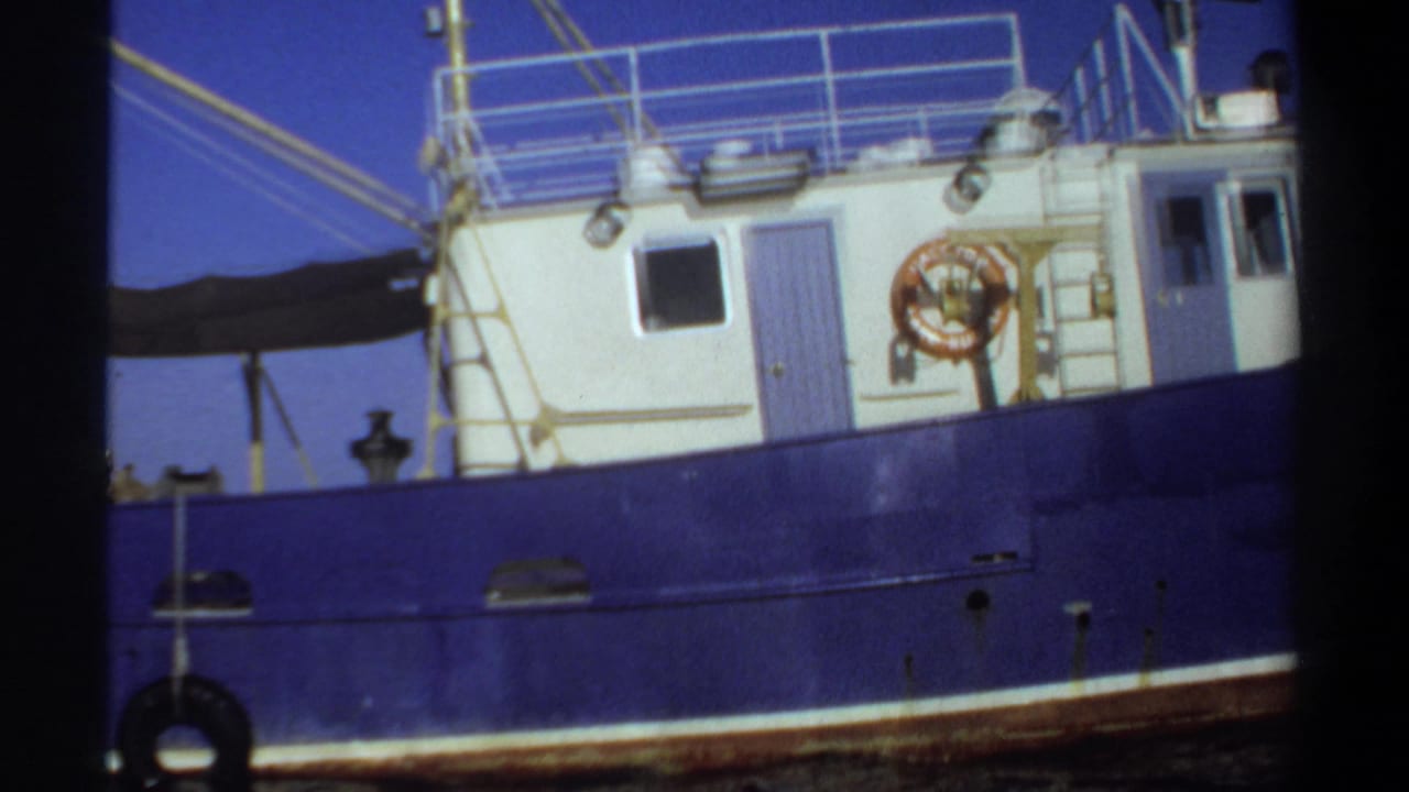 Blue-and-white boat cabin with railings, lifebuoy, rigging, and blue sky.