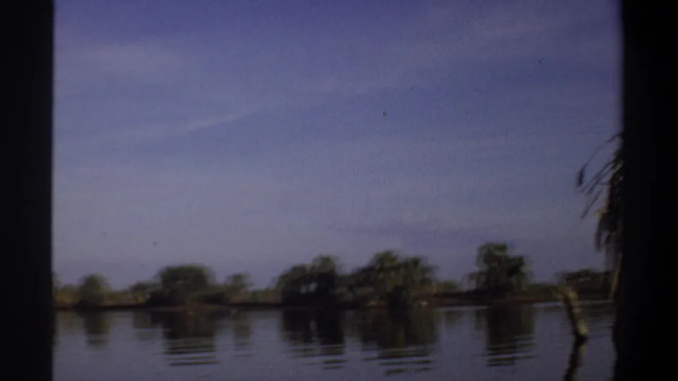 Wide Sudan home-movie river view with calm reflective water, distant tree line, pale sky, and palm fronds at the frame edge.