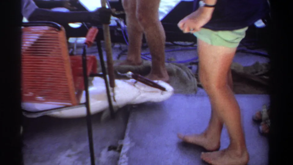1969 Khartoum frame showing the large fish on the deck beside standing passengers, boat fittings, and a red woven chair.