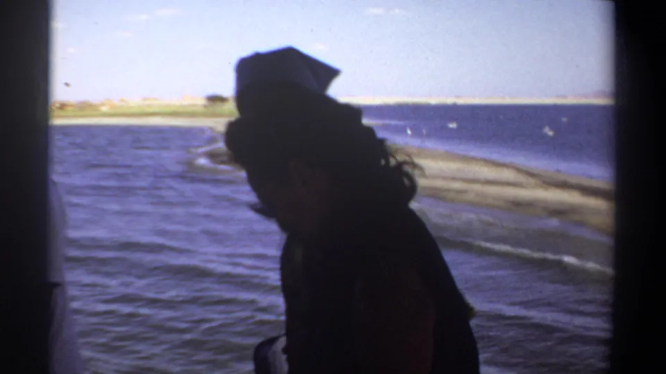 A silhouetted adult in dark clothing stands on or near a boat with water and a narrow shoreline behind them.