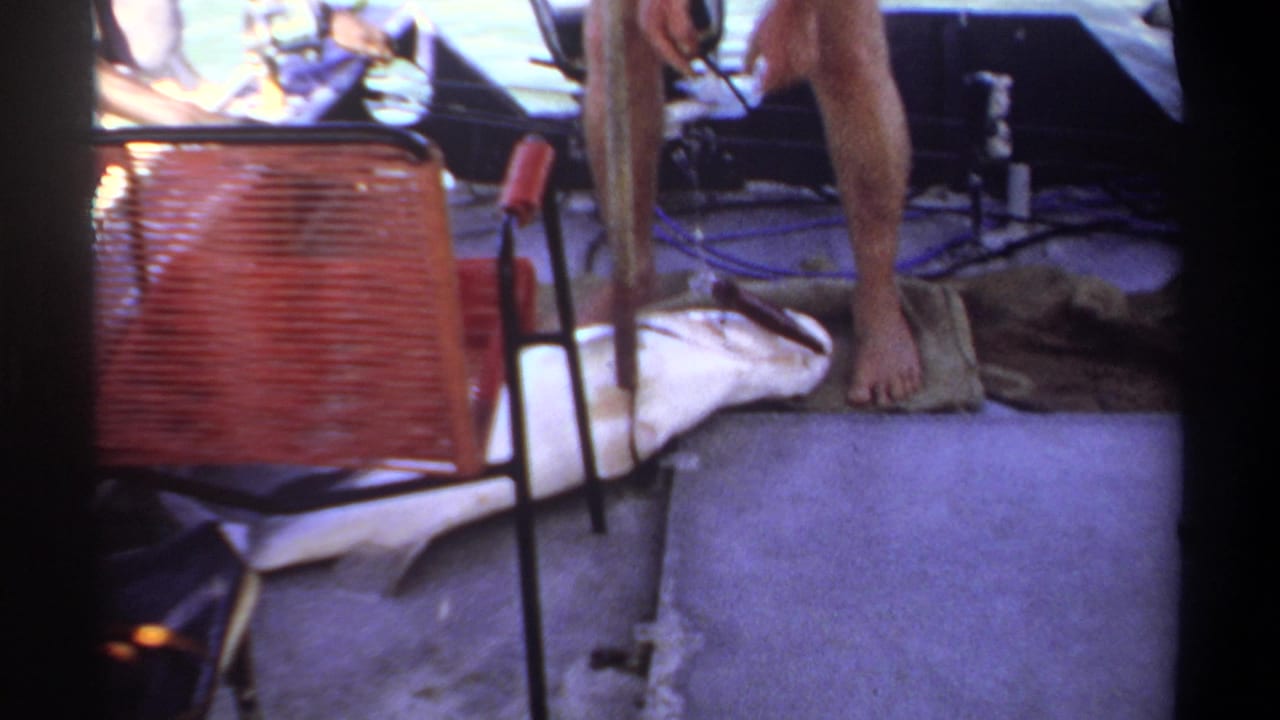 1969 Khartoum boat-deck frame with a barefoot man standing near a large fish on cloth, red chair, ropes, and fishing equipment.