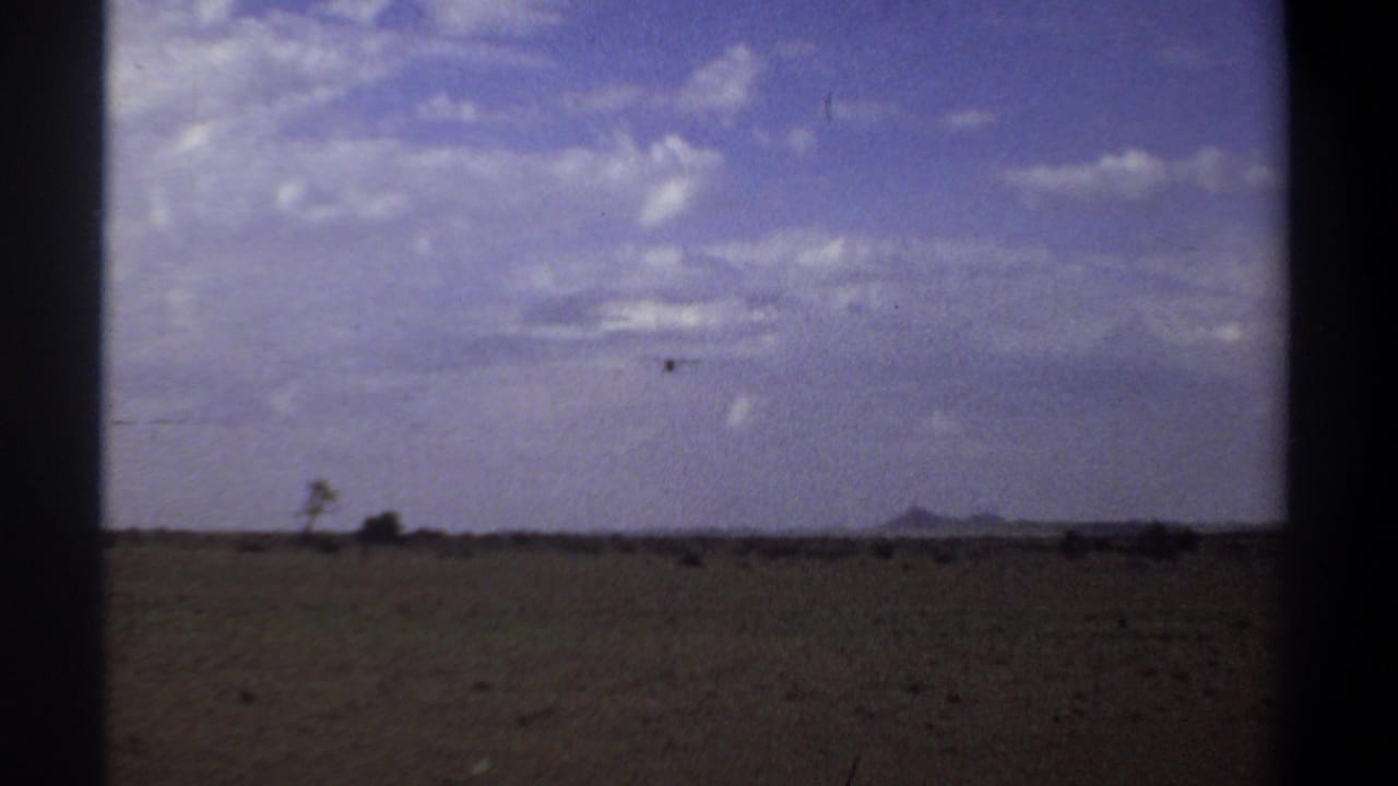 A 1969 Khartoum landscape frame with a distant bird above flat open ground, sparse plants, and a low hill on the horizon.