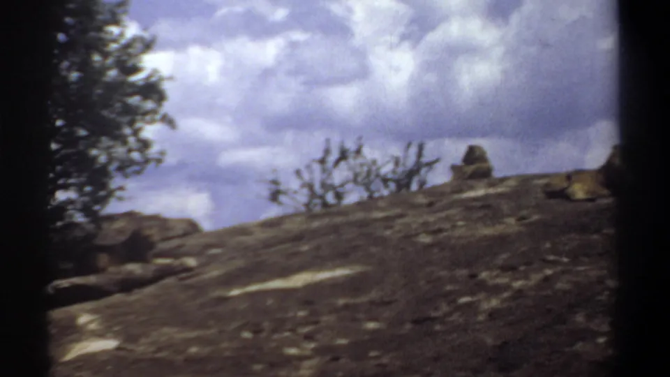 1969 Sudan 8mm frame panning across the rocky hillside, with the lions less distinct near the shaded rocks and shrubs.