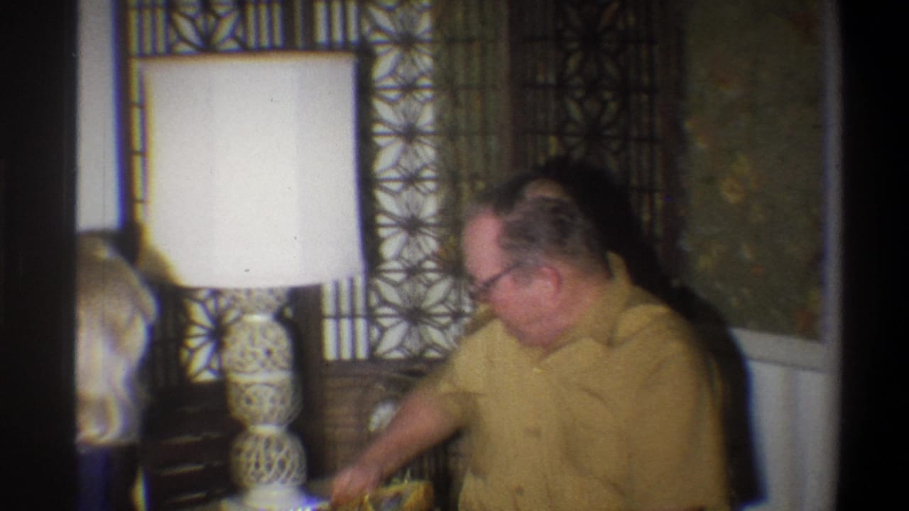 1973 Troy, New York home-movie frame showing a man in glasses near an ornate white lamp and patterned screen.
