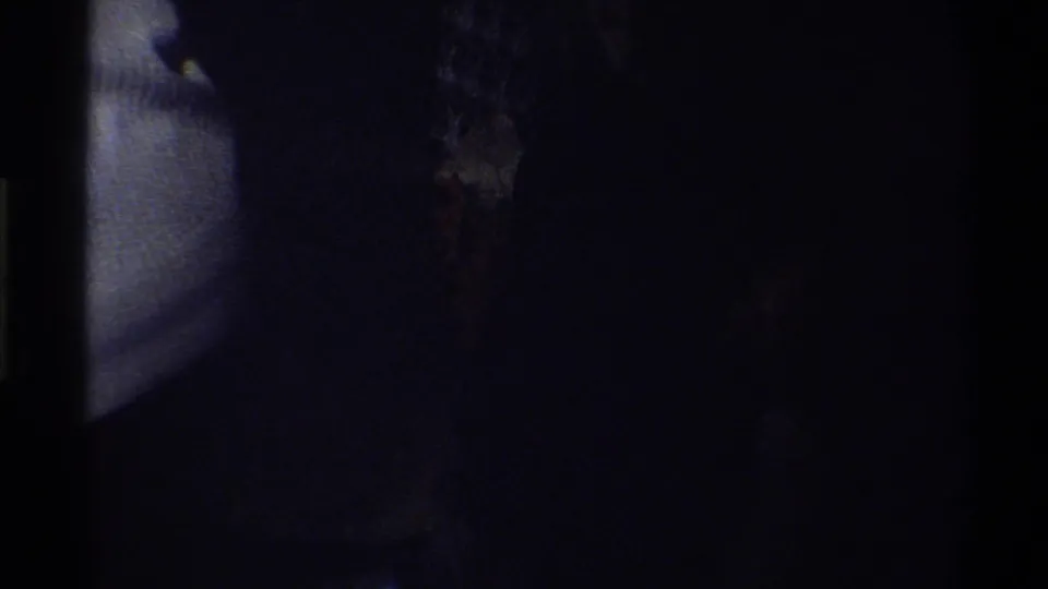 Underexposed 8mm frame from the Troy home movie, showing a pale surface at left and barely visible interior detail.