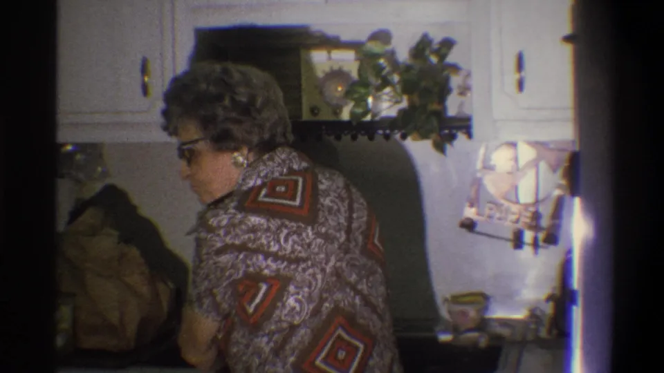 1973 Troy, New York kitchen frame with an older woman at the sink, a wall radio, white cabinetry, and a plant in the background.