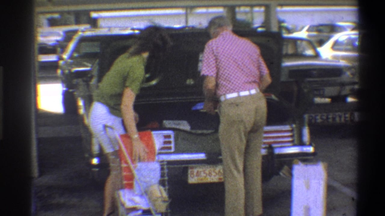 Woman in green top bending toward a shopping cart while man in pink checkered shirt stands at the open trunk of a dark sedan in a parking lot.