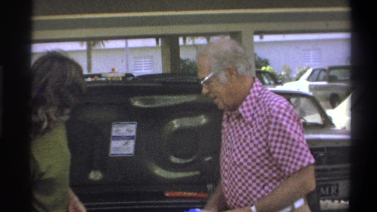 A man in a checkered shirt stands near an open trunk while a woman moves beside the car.