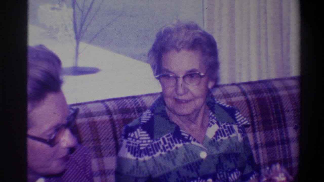 Elderly woman in geometric patterned blouse on plaid couch, facing camera; second person at frame left; bare winter tree through window behind her, Troy, New York, circa 1973.