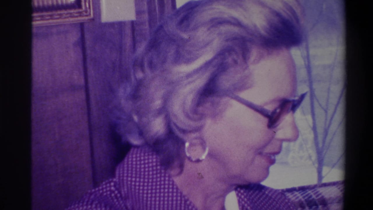 Close profile of a woman with styled blonde hair, dark-rimmed glasses, and large gold hoop earring in a wood-paneled room, Troy, New York, circa 1973