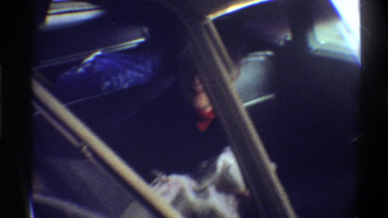 Dark car interior with newborn in white blankets; woman's figure partially visible in shadow with bright exterior light behind.