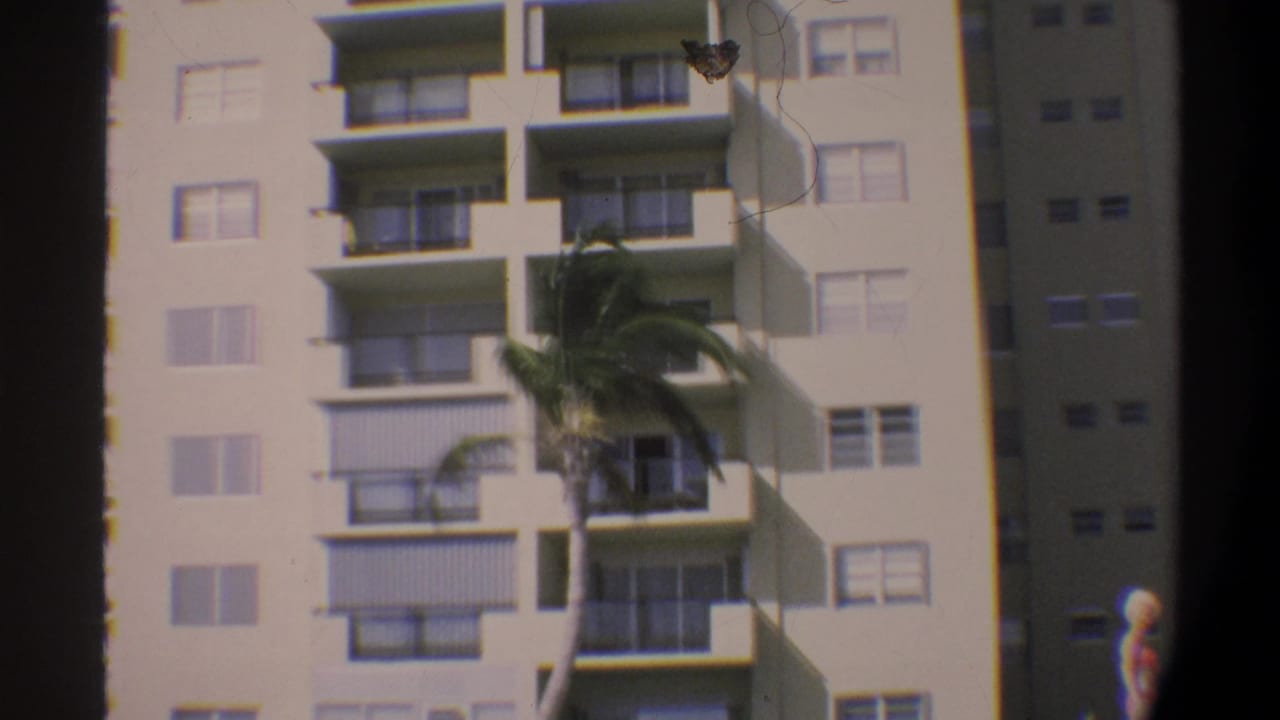 Beachfront high-rise with repeating balcony grid dominates frame; woman in pink bikini visible at right edge, c. 1974 Florida.