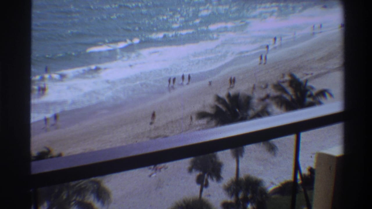 View from a balcony over a wide Florida beach, circa 1975; palm trees frame the shoreline and small figures walk near the water's edge.