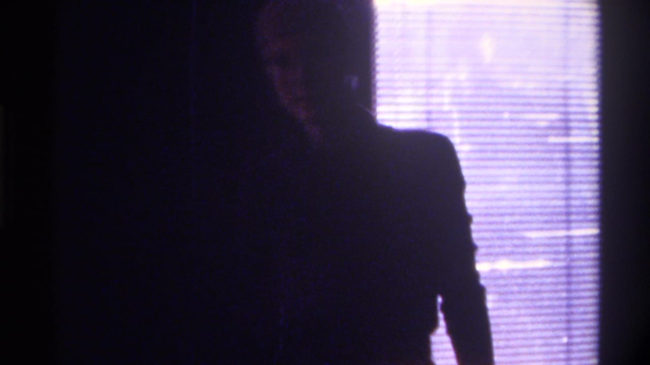 Woman in full silhouette against backlit window blinds in a domestic interior, circa 1975 Gainesville, Florida, 8mm home movie.