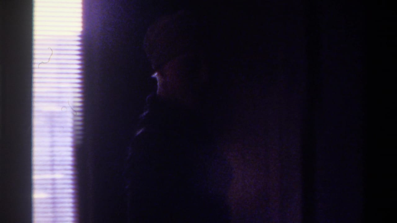 Woman as near-silhouette beginning to face camera against bright window blinds.