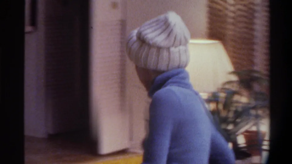 Rear view of a woman in a white knit beanie and blue turtleneck near potted plants beside a lit floor lamp and a wicker lattice wall panel in a 1970s domestic interior.