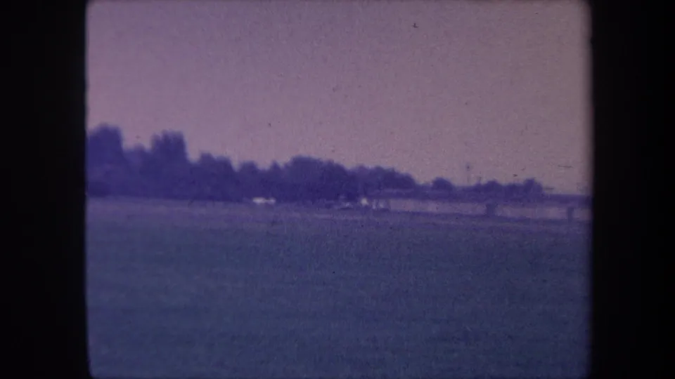 1959 8mm home movie frame near Yucaipa, California — field fills the lower half, with a low treeline and small unidentifiable objects at mid-distance.
