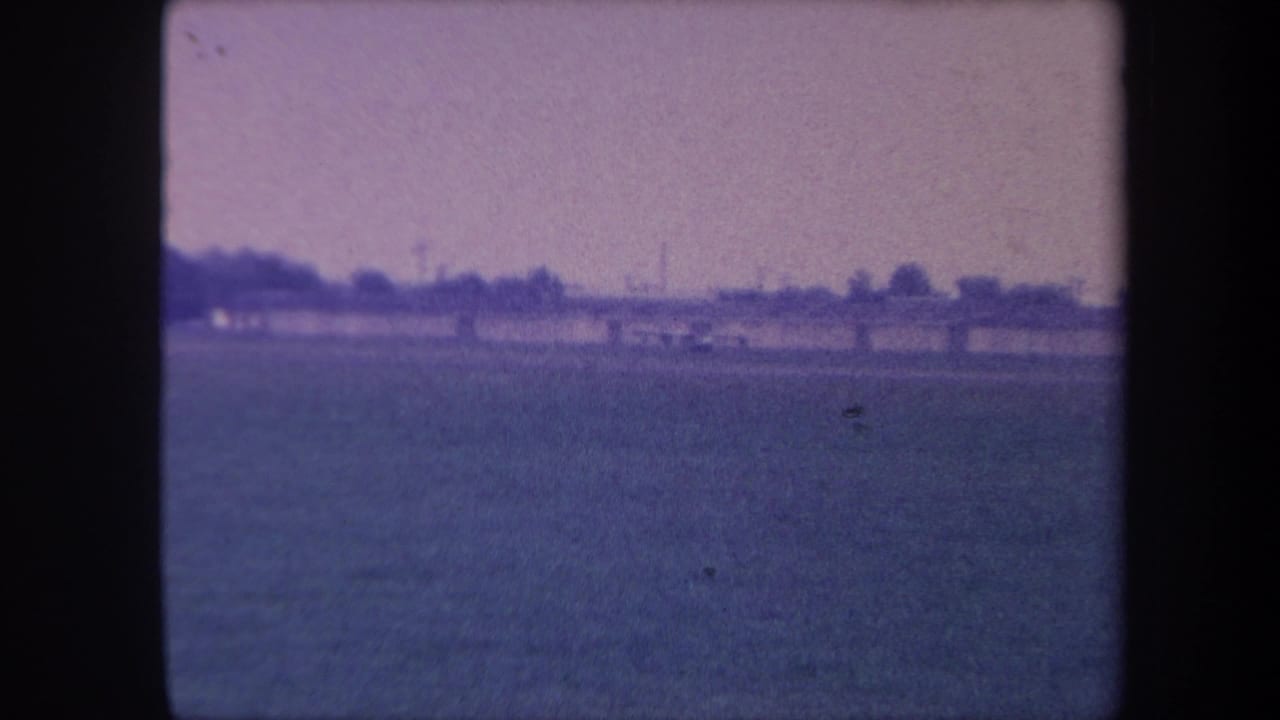 Wide rural airstrip under a lavender sky with distant trees and indistinct low structures on the horizon.