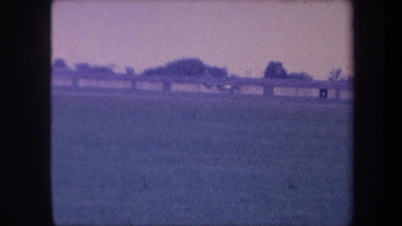 Wide flat grass airfield with low buildings and scattered trees along the horizon; blue-purple 8mm color cast.