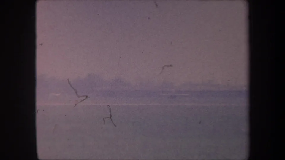 8mm home movie frame circa 1959, California: hazy purple sky over flat landscape, film scratches visible at left, no identifiable subjects.