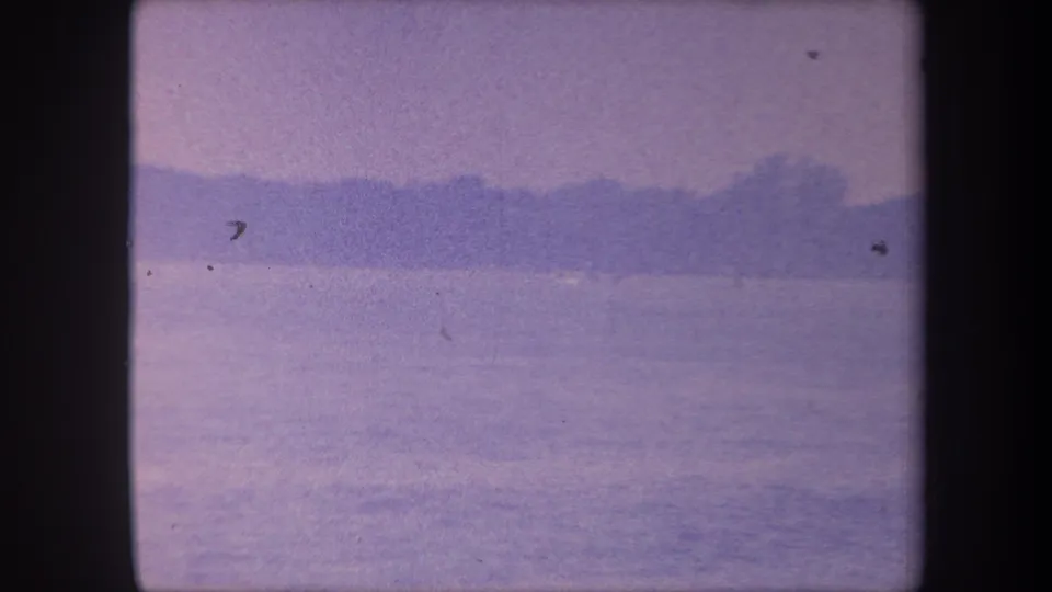 Final frame of a 1959 California home-movie clip; the lake and distant shoreline remain the dominant subject, with scattered film dust artifacts and heavy purple dye-shift throughout.