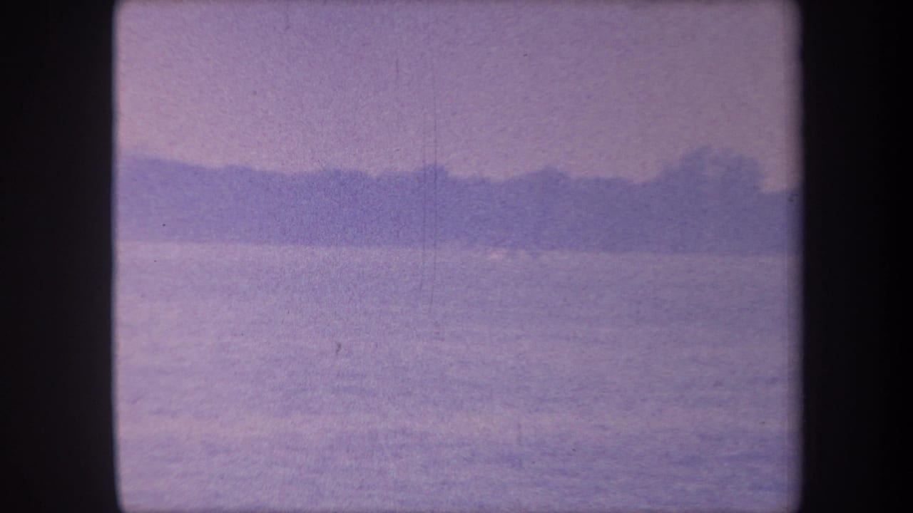 Aged 8mm frame showing a calm lake under a hazy lavender sky with a dark tree-line silhouette on the distant horizon.