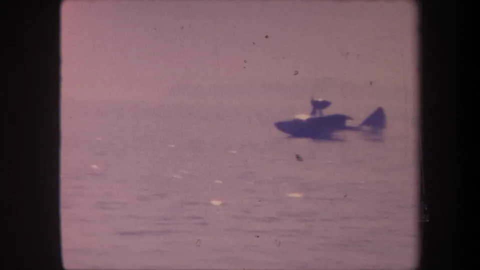 Dark aquaplane moving across open lake water, 1959 8mm home movie footage from California, soft focus and pink-lavender color cast