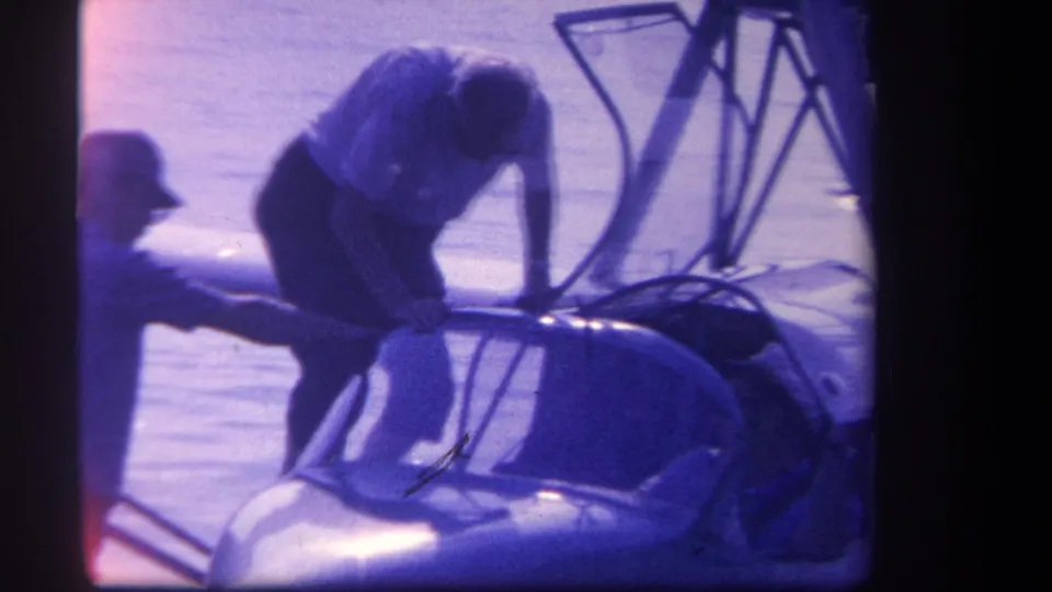 A 1959 Yucaipa frame shows the boarding moment from a home-movie view, with the cockpit frame and float supports prominent.