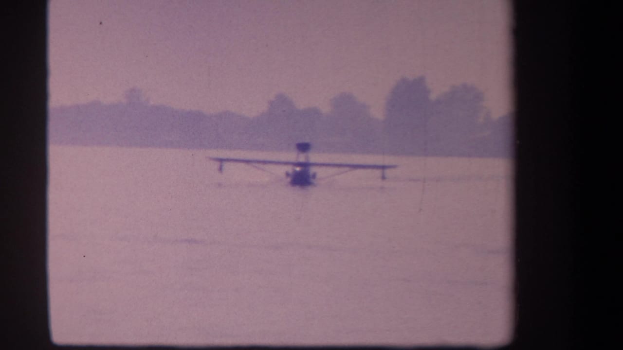 Floatplane centered on open water with shoreline trees in the distance.