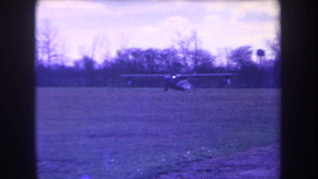 Small single-engine aircraft on a grassy field with trees in the background.