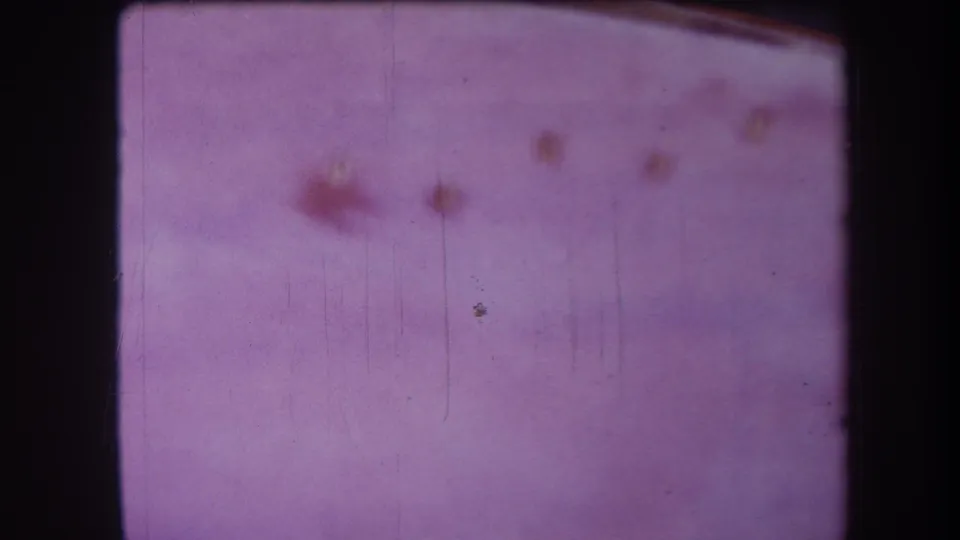 Purple-tinted blank 8mm frame showing a diagonal stain near the top edge, dust, vertical scratches, and aged-film grain.