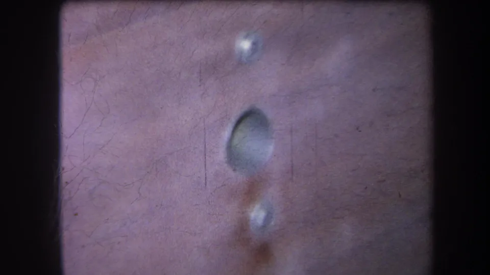 Final 1964 8mm frame holds on the riveted surface, showing the oval recess, small fasteners, scratches, and grain.