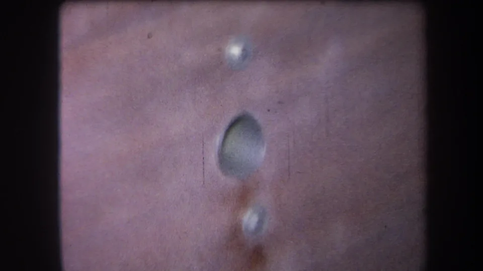 1964 8mm frame from Volmer Yucaipa with a soft close view of a wooden surface, round opening, small fastener holes, stains, and grain.