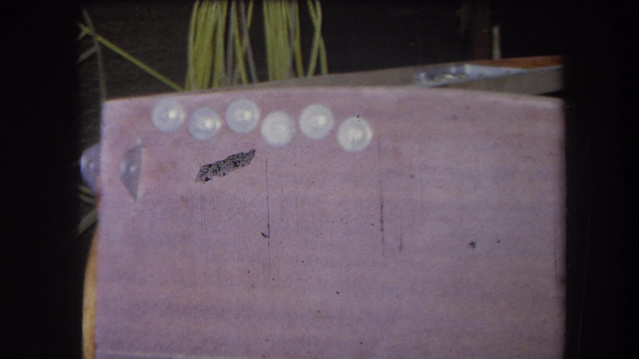 1964 Yucaipa-area 8mm frame of a pink craft panel with pale round pieces, a dark surface mark, and visible film wear.