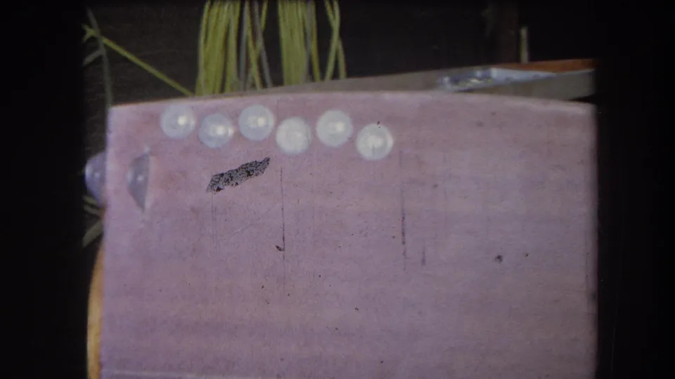 1964 Yucaipa-area 8mm frame of a pink craft panel with pale round pieces, a dark surface mark, and visible film wear.