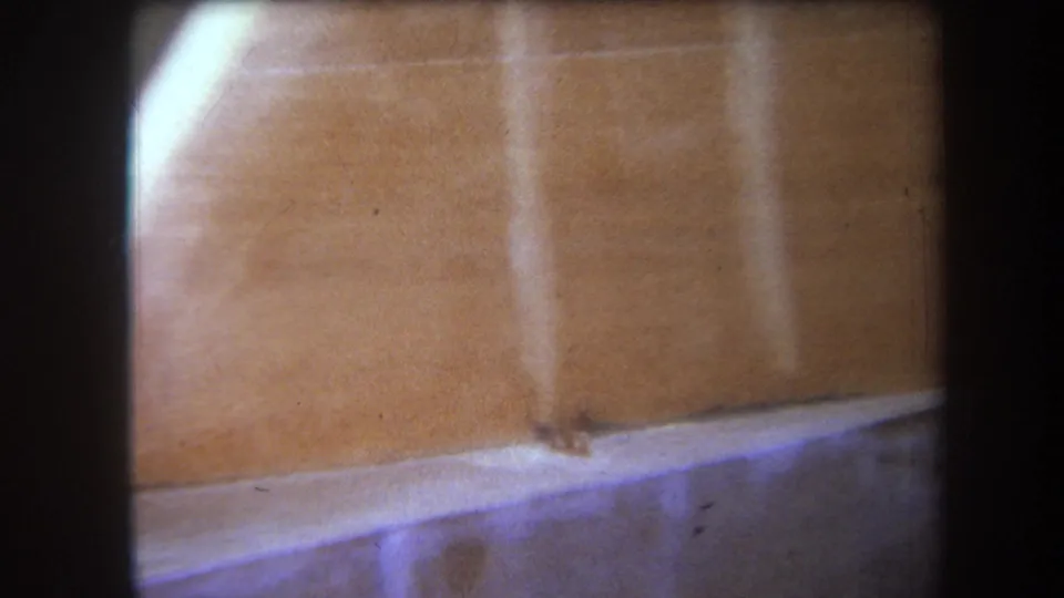1964 Yucaipa 8mm frame with warm wood panels, visible seams, and a pale diagonal curved edge across the upper left area.