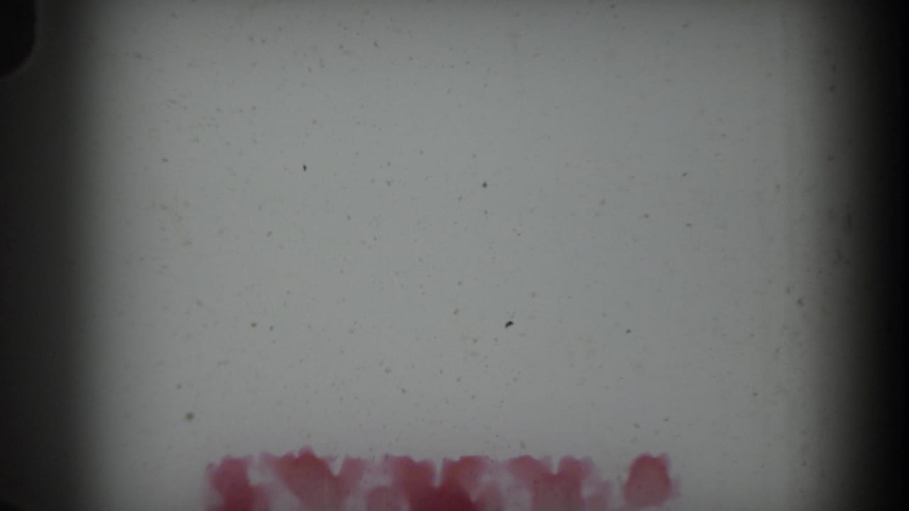 Pale wall area with partial red lettering at the lower edge and dark film borders.