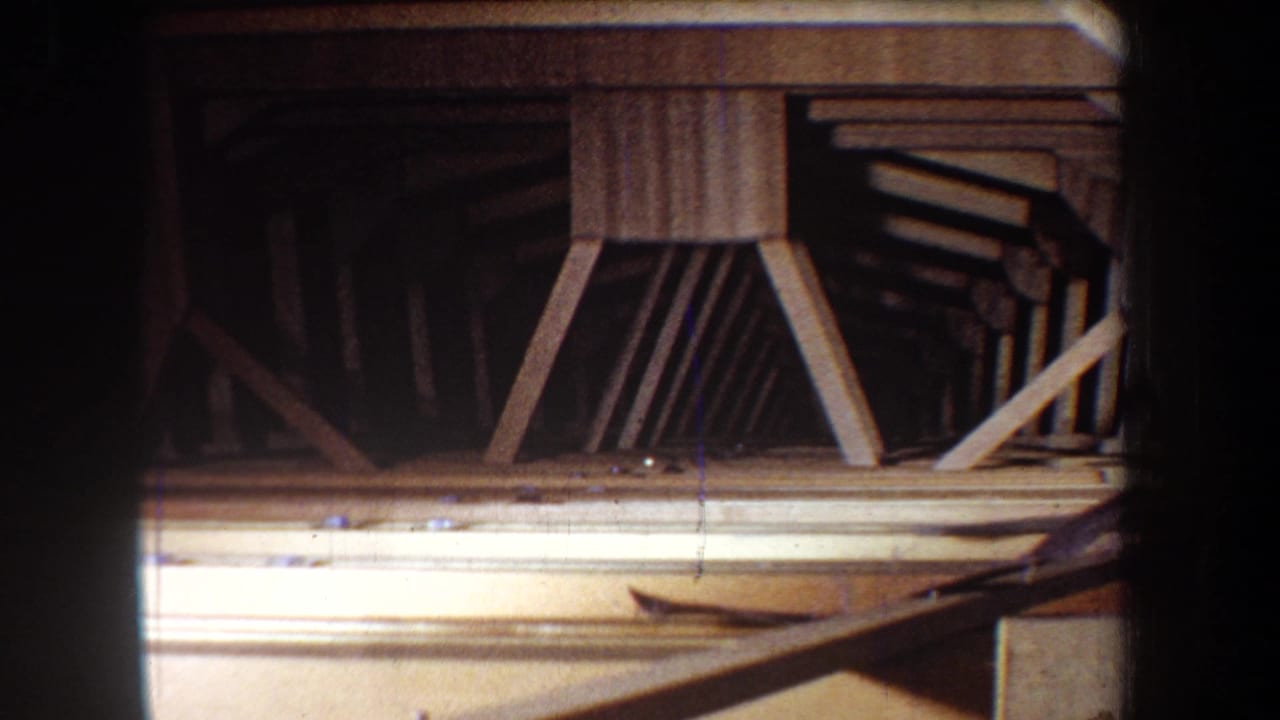 Timber framing and support posts seen through dark foreground edges.