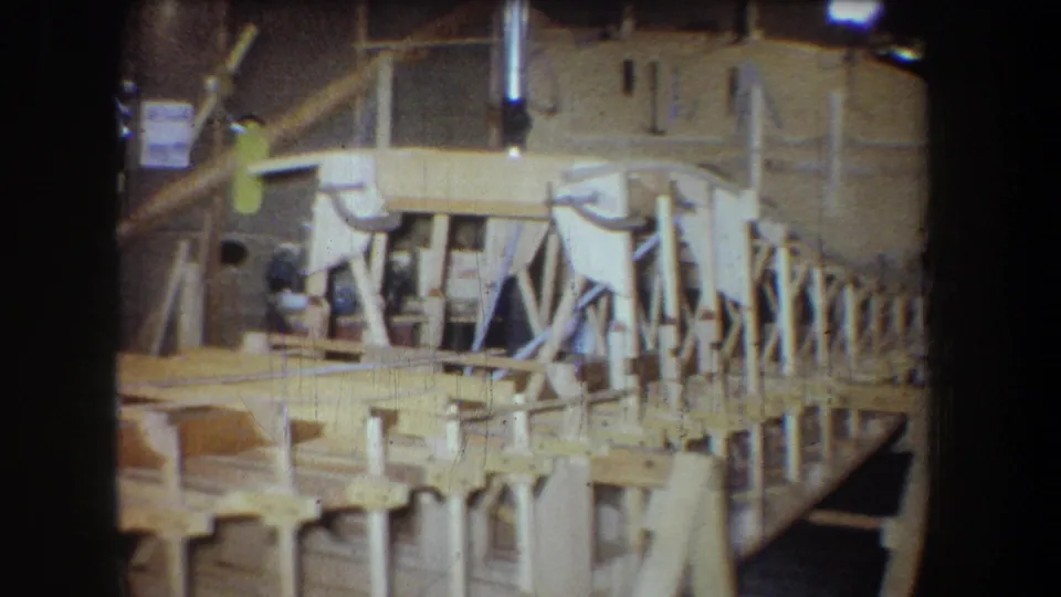 1965 Yucaipa home workshop frame looking down the length of the handmade wooden bridge and its truss-like supports.