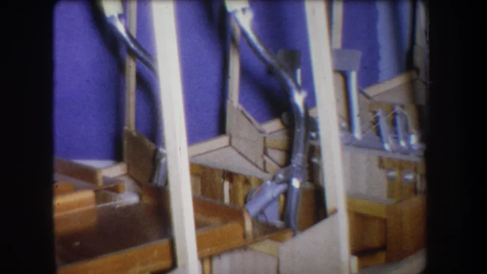 1965 Yucaipa 8mm frame showing a lower portion of the structure with purple backdrop, white supports, wood fixtures and metal hardware.