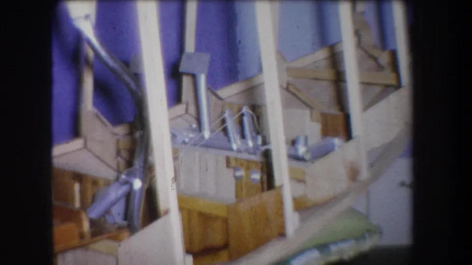 Supported 1965 Yucaipa frame showing a close detail of a wood-and-metal homemade device, with rods and small parts set before purple fabric.