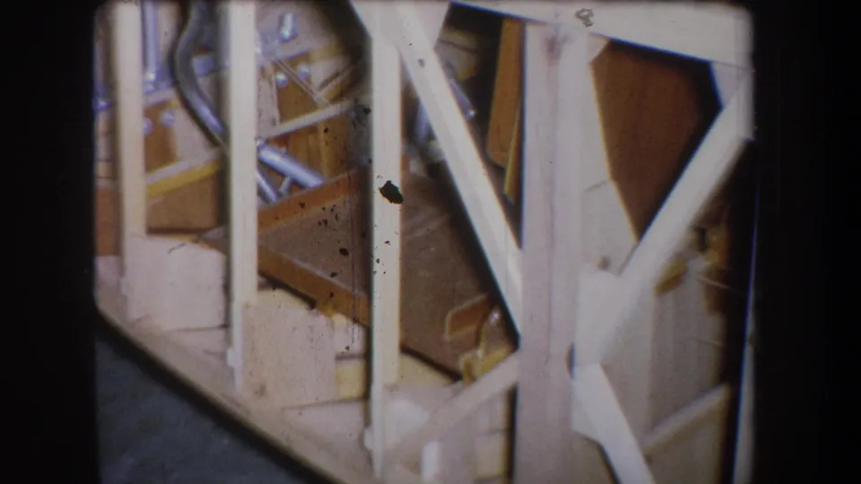 Final 1965 Volmer Yucaipa frame showing wooden bracing, a vertical pipe or post, and weathered boards within the structure.