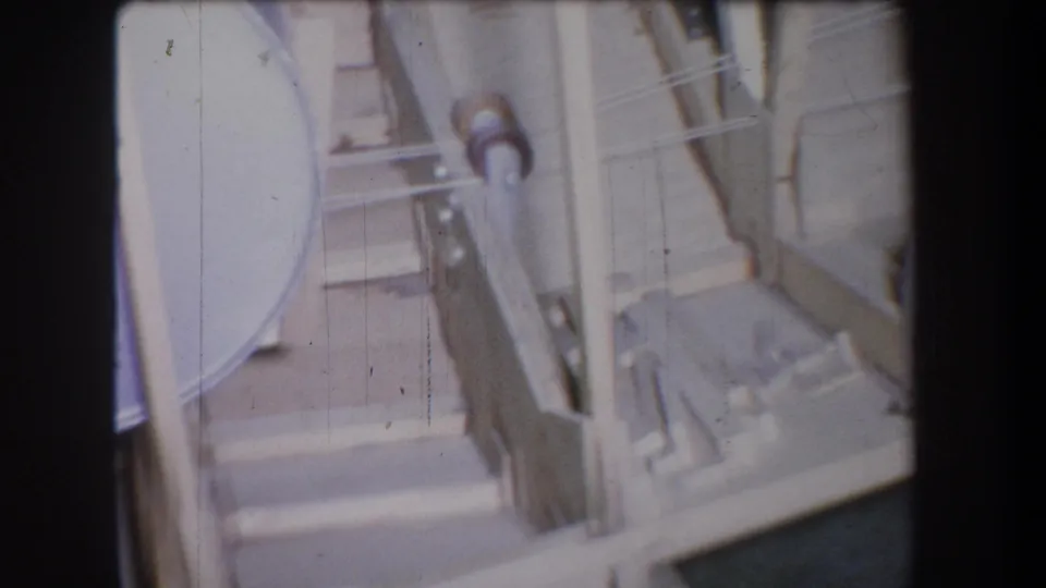 1965 Yucaipa inspection footage shows a gray cylindrical tank area with pipes, rails, and structural braces in soft 8mm focus.