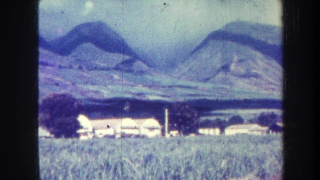 Grassy field with low white buildings and mountains beyond.