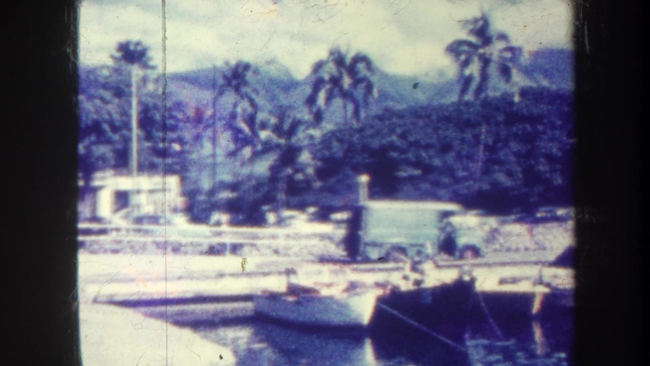 Honolulu marina scene from 1967 showing docked boats, a pier, a white van, palm trees, and hazy mountains behind the shoreline.